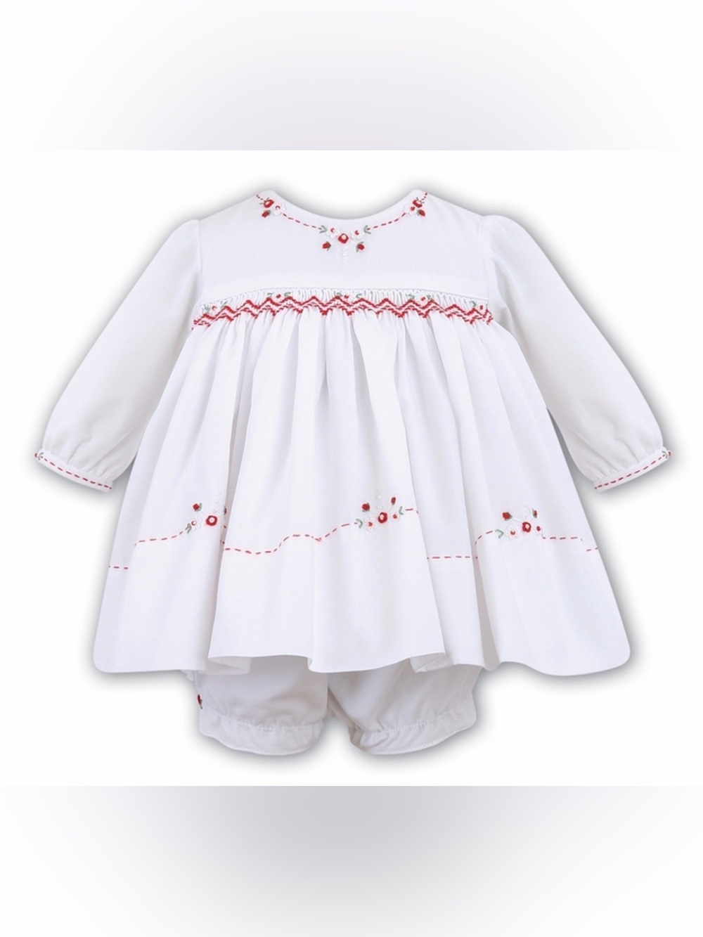 NEW Sarah Louise White Smocked Dress Ruffled Red White Embroidered Flowers Beads